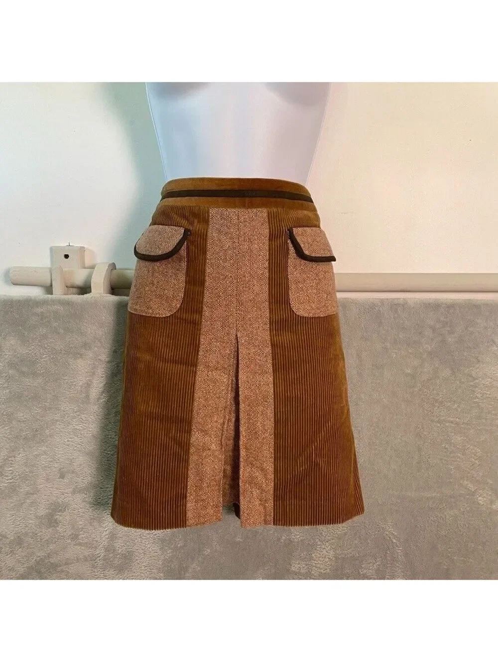 Ann Taylor LOFT Petites Corduroy Tweed Panel Skirt womens 8P Brown Retro Mod 70s - Picture 2 of 10